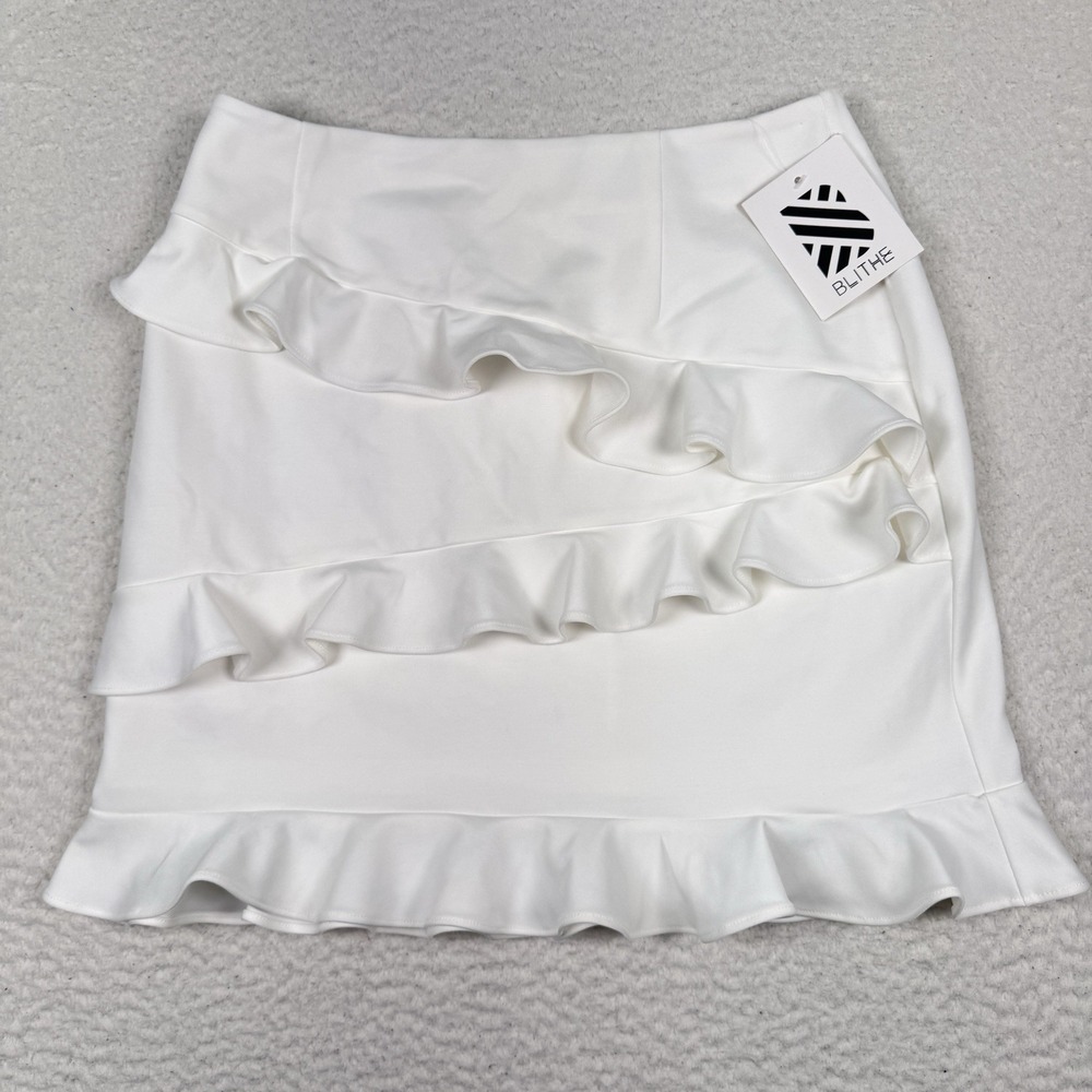 Blithe‎ Skirt Womens Large White Ruffle Tiered Mini Stretch Back Zip Lined NWT